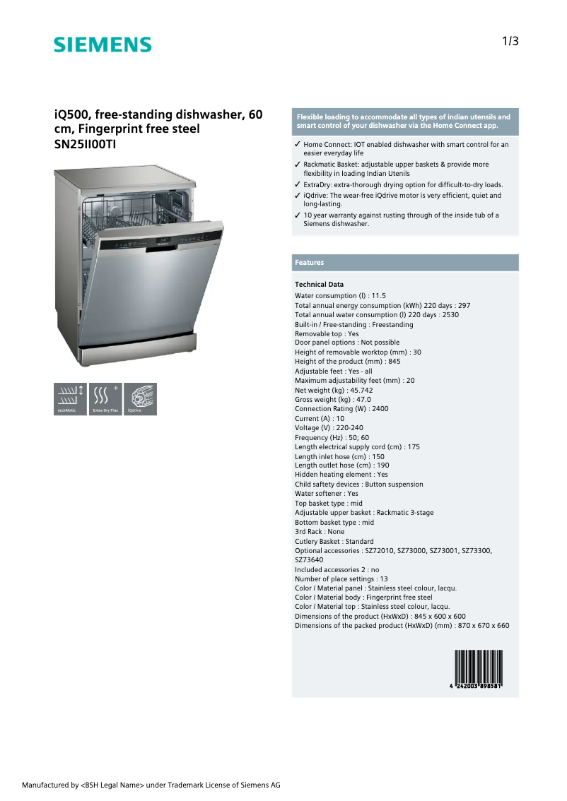 Page 1 de la notice Manuel utilisateur Siemens SN25II00TI