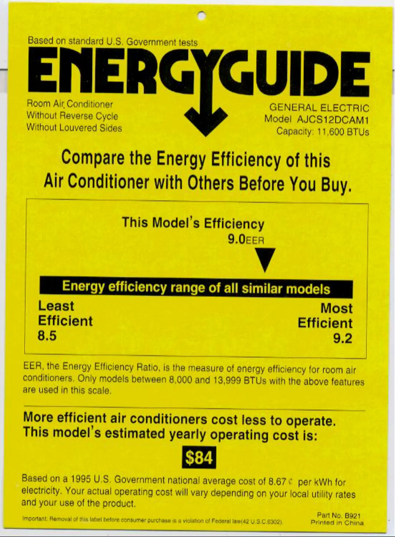 Página 1 del manual Etiqueta energética GE AJCS12DCA