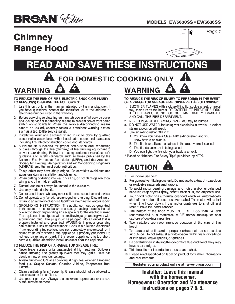 Página 1 del manual Guía de instalación Broan EW5630SS