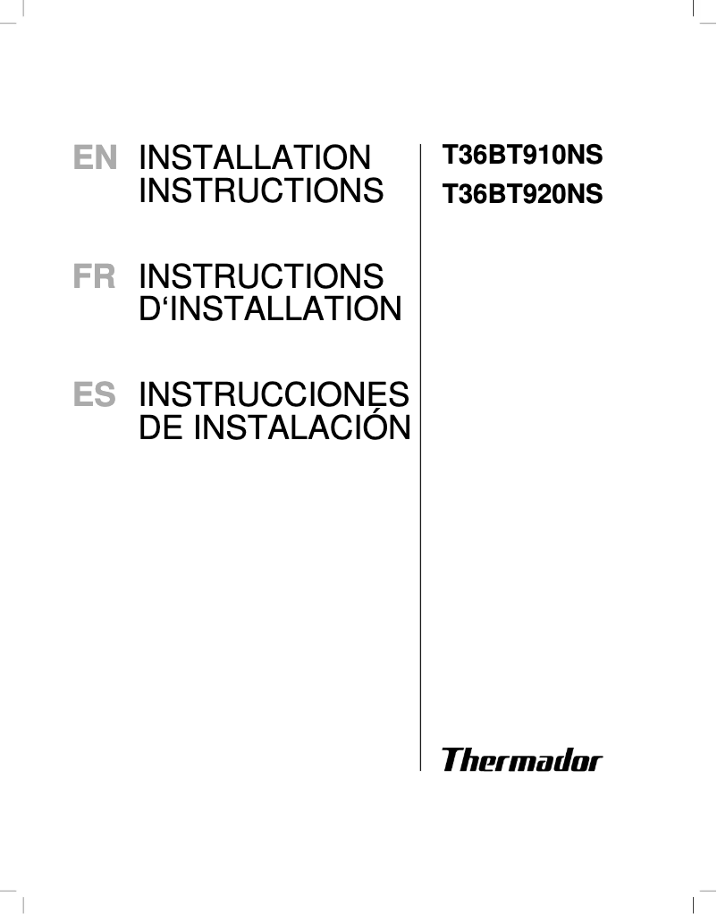 Page 1 of the manual Installation Guide Thermador T36BT920NS