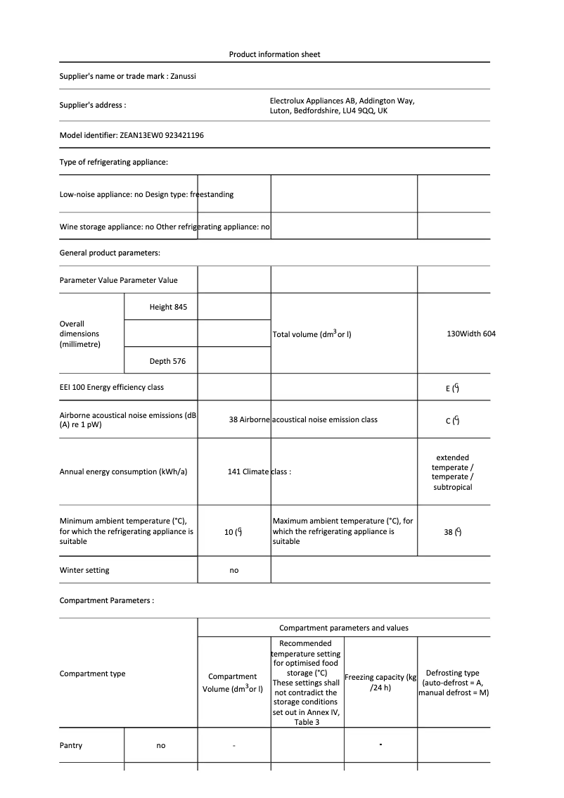Page 1 de la notice Fiche technique Zanussi ZEAN13EW0