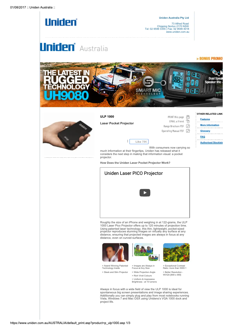 Page 1 de la notice Manuel utilisateur Uniden ULP 1000