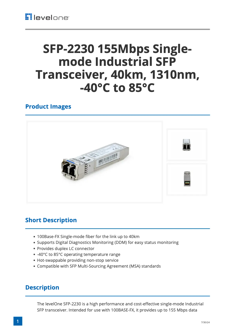 Page 1 de la notice Fiche technique LevelOne SFP-2230