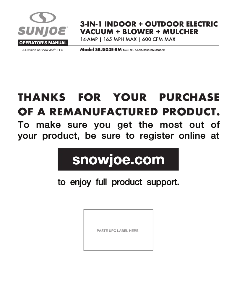 Page n°1 - Manuel utilisateur Sun Joe SBJ803E-RM
