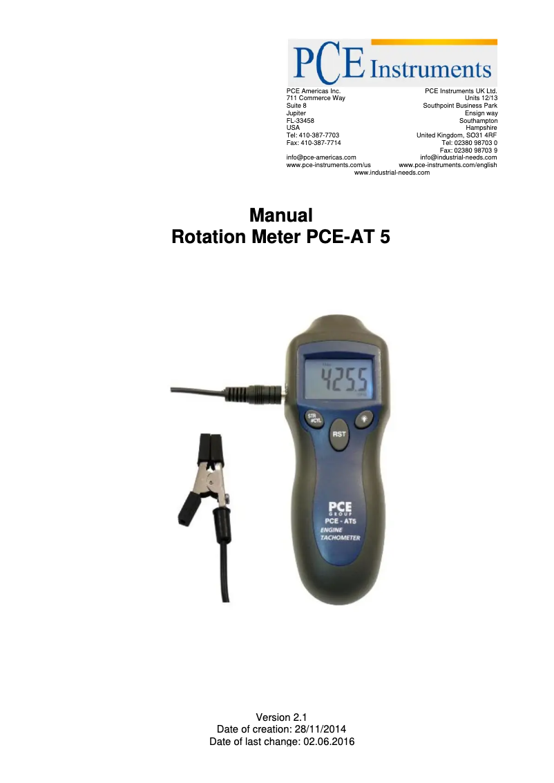 Page 1 de la notice Manuel utilisateur PCE Instruments PCE-AT 5