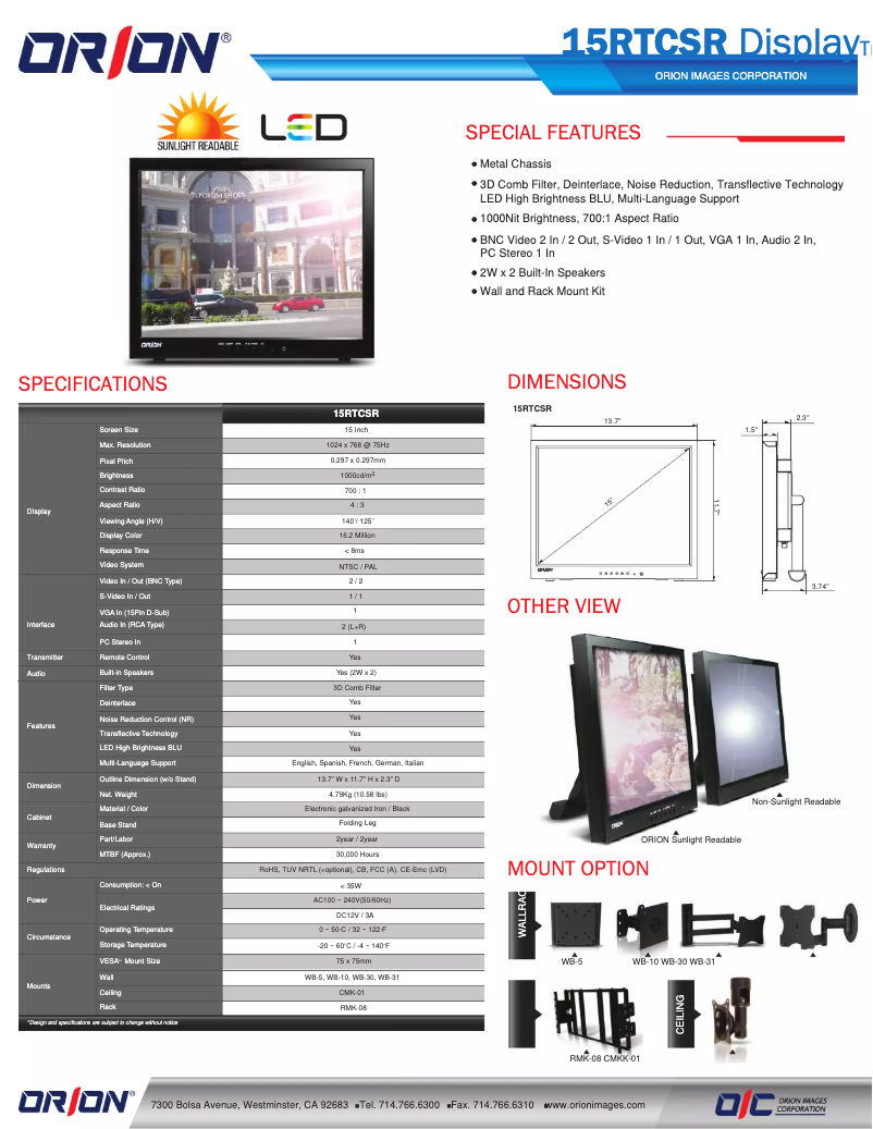 Page n°1 - Manuel utilisateur Orion 15RTCSR