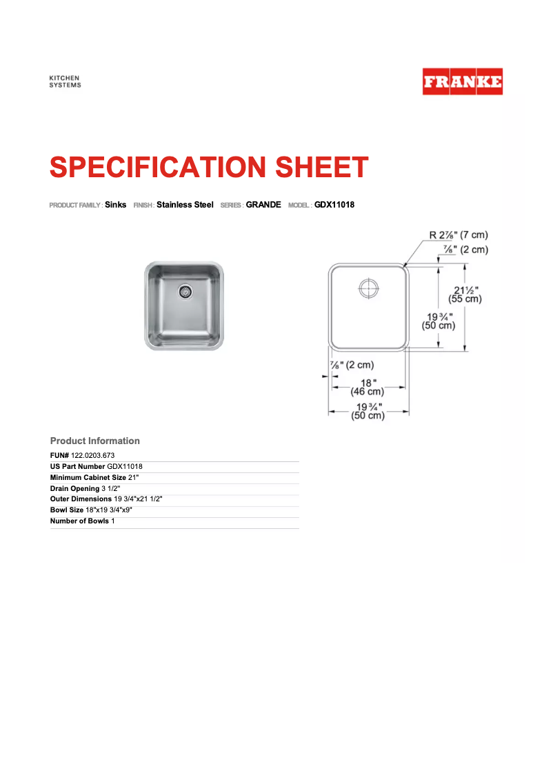 Page 1 de la notice Fiche technique Franke Grande GDX11031