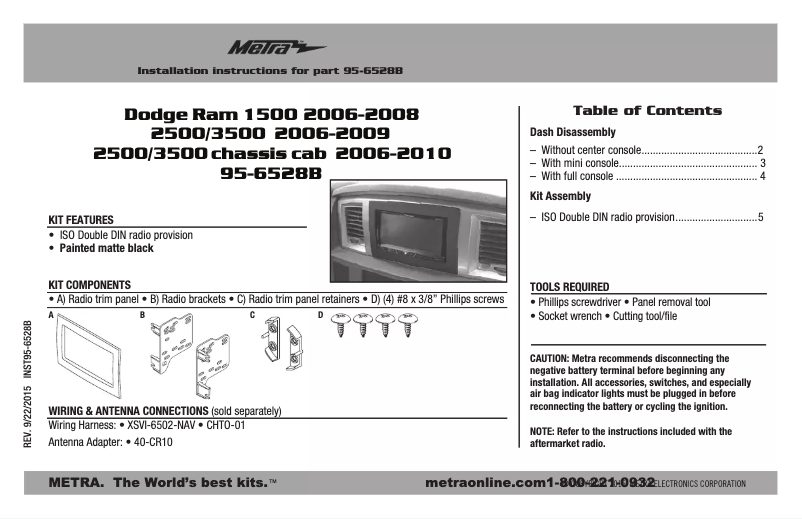 Page 1 de la notice Guide d'installation Metra 95-6528B