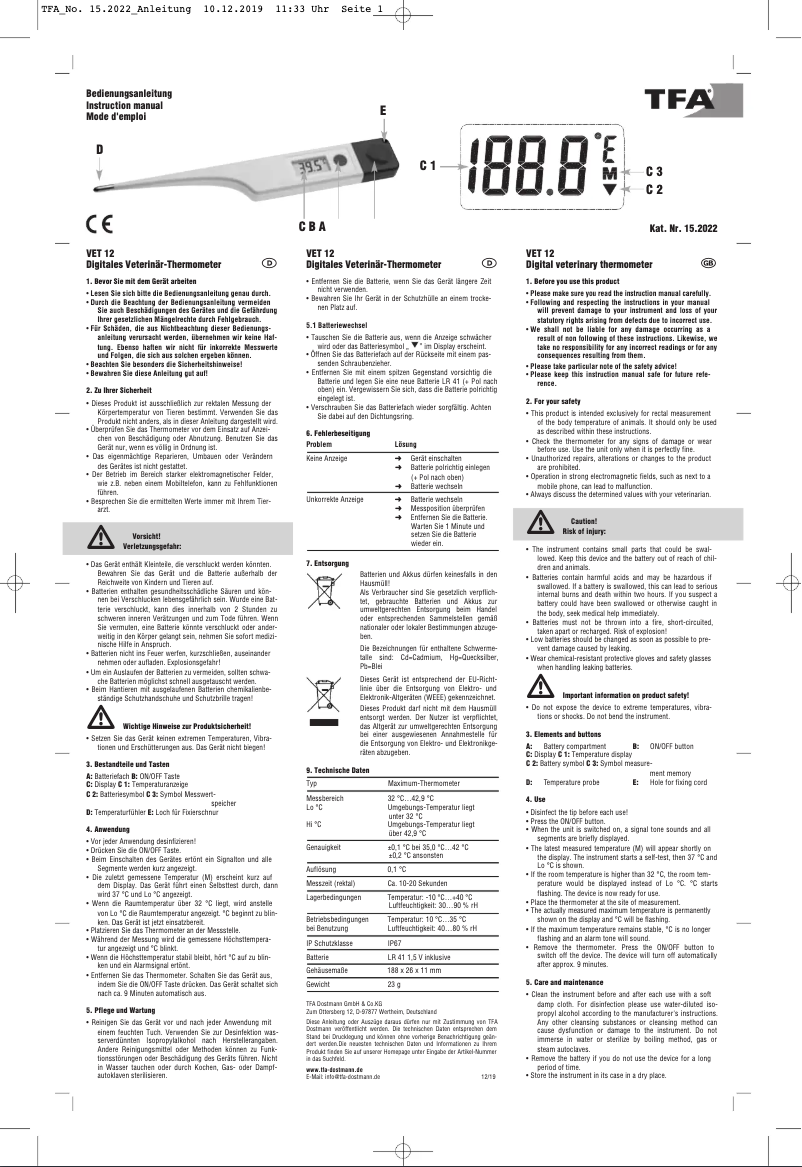 Image de la première page du manuel de l'appareil VET 12 15.2022