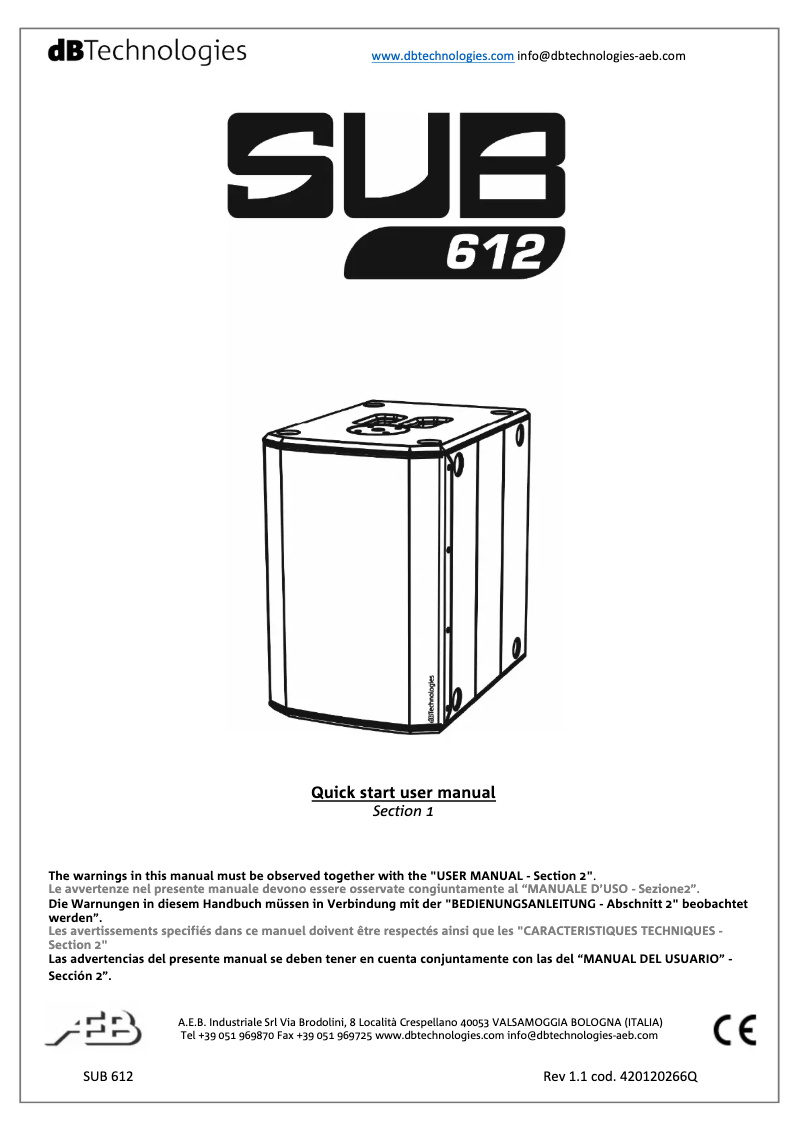 Page 1 de la notice Manuel utilisateur DB Technologies SUB 612