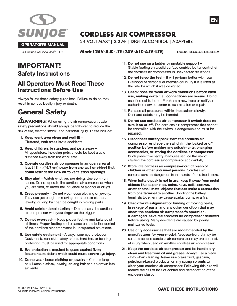 Page 1 de la notice Manuel utilisateur Sun Joe 24V-AJC-AJV-LTE