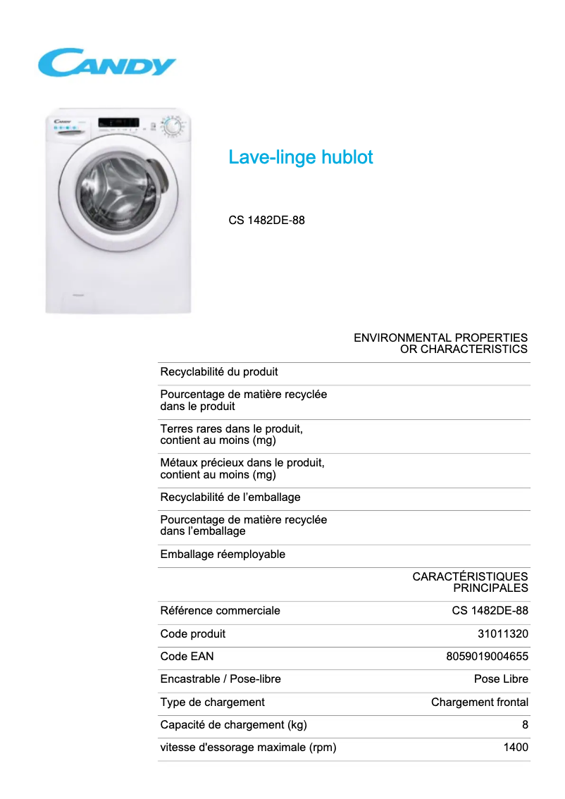 Page 1 de la notice Fiche technique Candy CS 1482DE-88