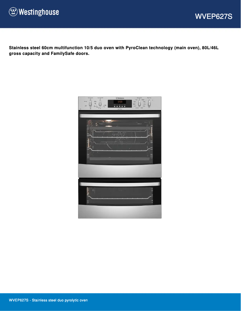 Page 1 de la notice Fiche technique Westinghouse WVEP627S