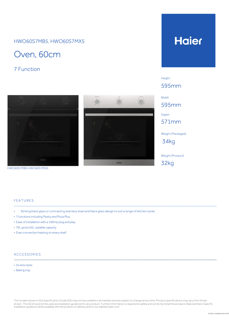 Page 1 de la notice Fiche technique Haier HWO60S7MX5