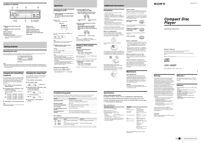 Page 1 de la notice Manuel utilisateur Sony CDX-1000RF