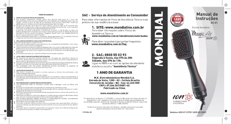 Page 1 de la notice Manuel utilisateur Mondial Magic Air ES-01
