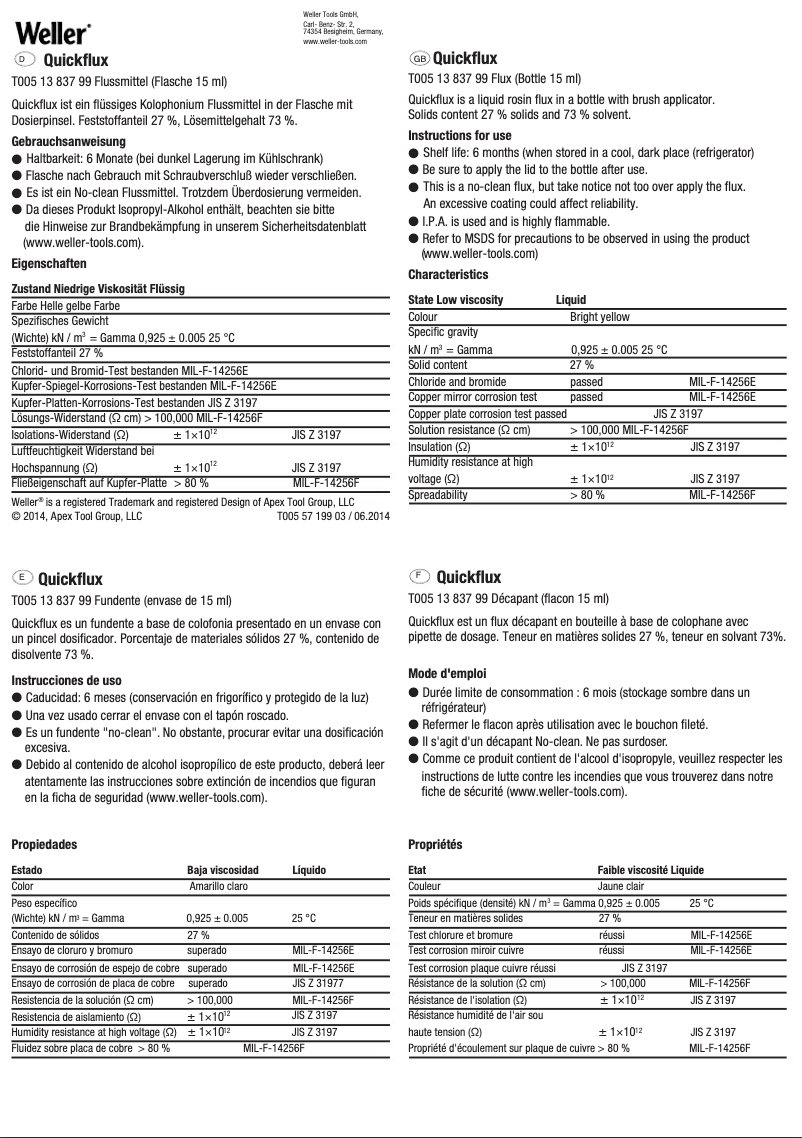 Page n°1 - Manuel utilisateur Weller QuickFlux