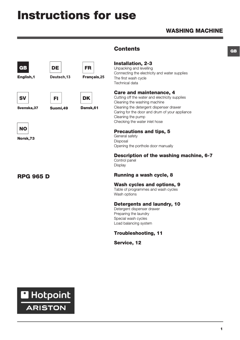 Page n°1 - Manuel utilisateur Hotpoint Ariston RPG 965 D