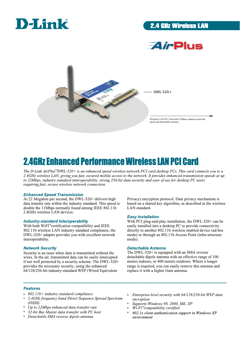 Page 1 de la notice Fiche technique D-Link AirPlus DWL-520+