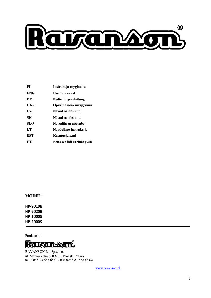 Page n°1 - Manuel utilisateur Ravanson HP-9020B