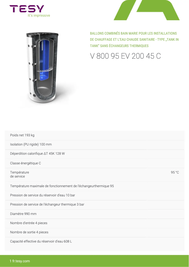 Page 1 de la notice Manuel utilisateur Tesy V 800 95 EV 200 45 C