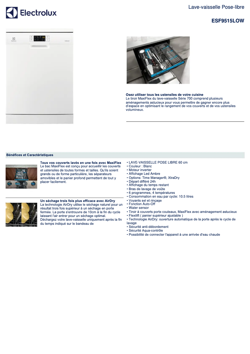 Page 1 de la notice Fiche technique Electrolux ESF9515LOW