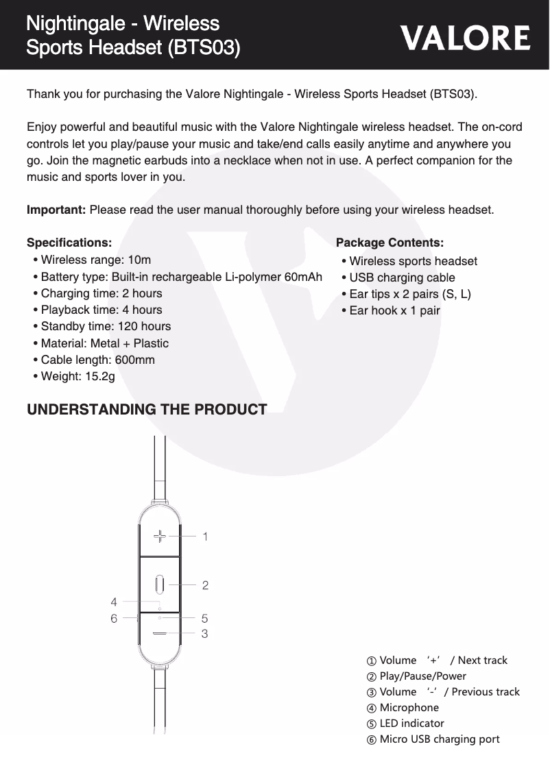 Page 1 de la notice Manuel utilisateur Valore BTS03