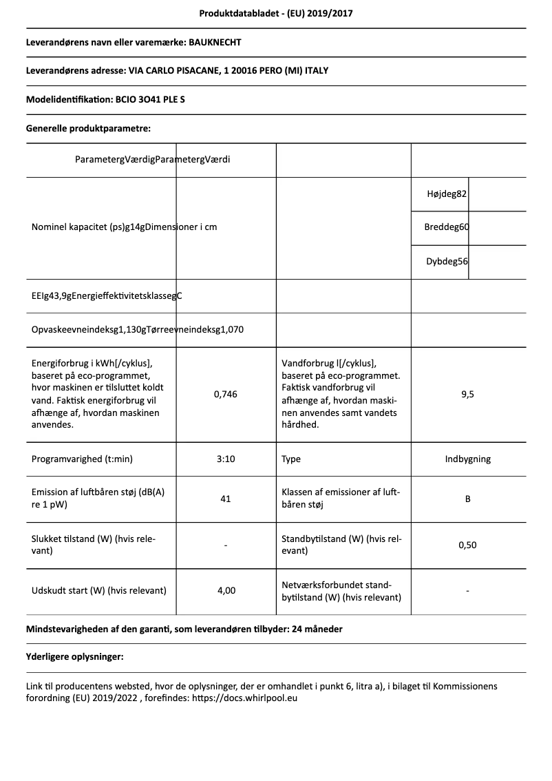 Page 1 de la notice Fiche technique Bauknecht BCIO 3O41 PLE S