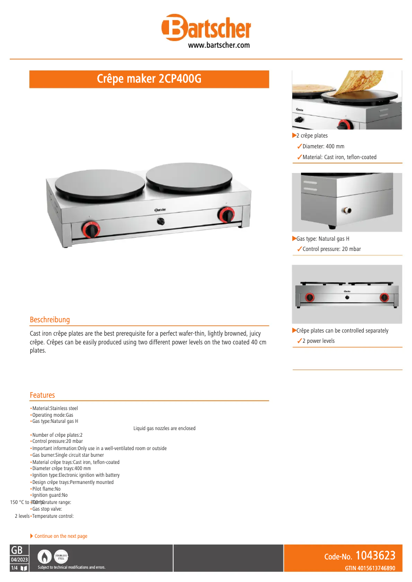 Page n°1 - Fiche technique Bartscher 2CP400G