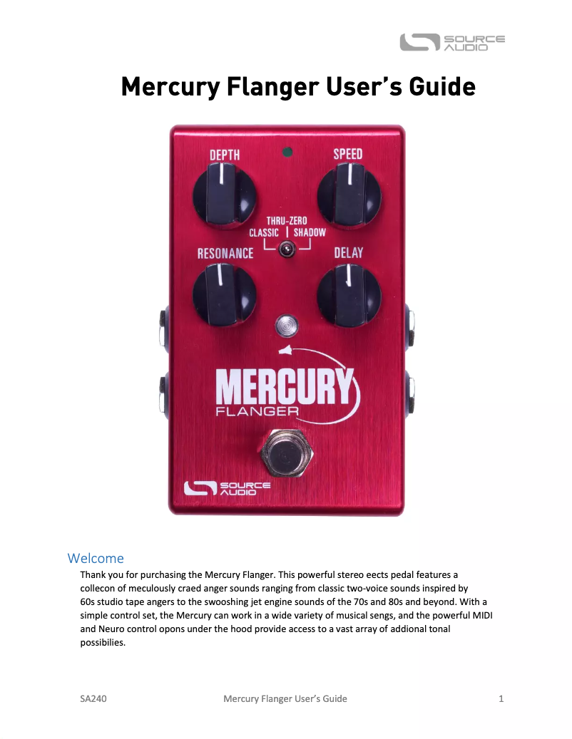 Page 1 de la notice Manuel utilisateur Source Audio Mercury Flanger