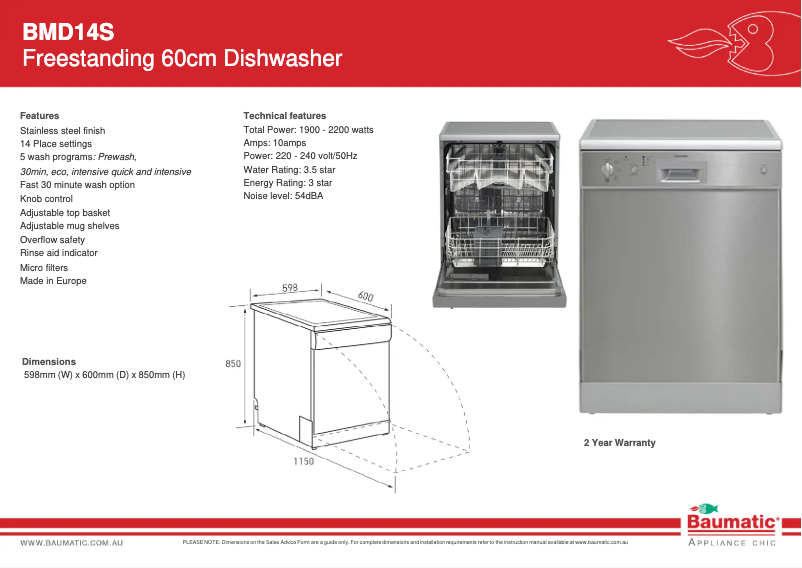 Page 1 de la notice Fiche technique Baumatic BMD14S