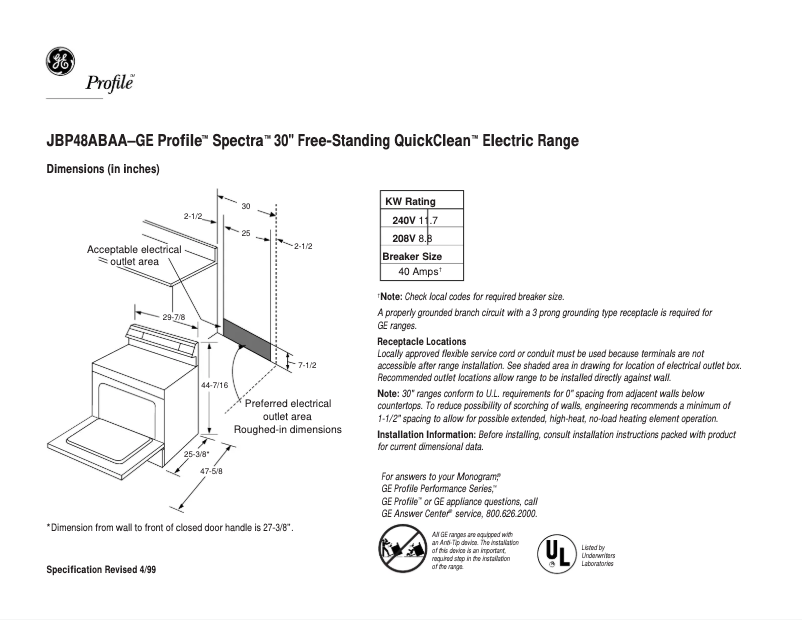 Page 1 of the manual Technical Sheet GE Profile Spectra JBP48BBBB