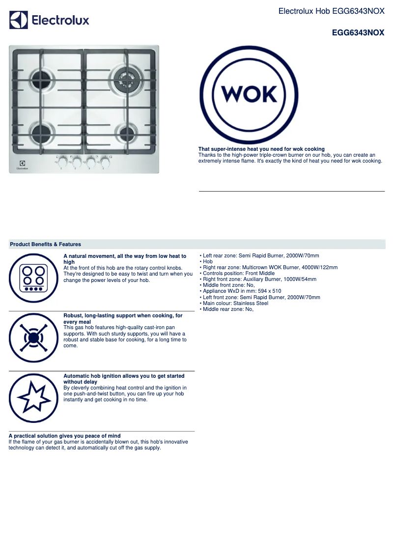Page 1 de la notice Fiche technique Electrolux EGG6343NOX