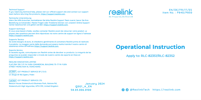 Page n°1 - Manuel utilisateur Reolink RLC-823S2
