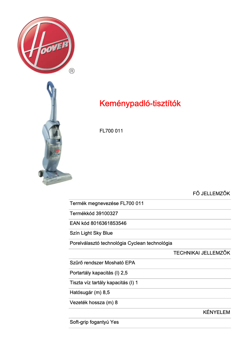 Page 1 de la notice Fiche technique Hoover Floormate