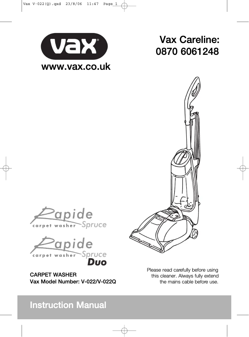 Page n°1 - Manuel utilisateur Vax Rapide V-022