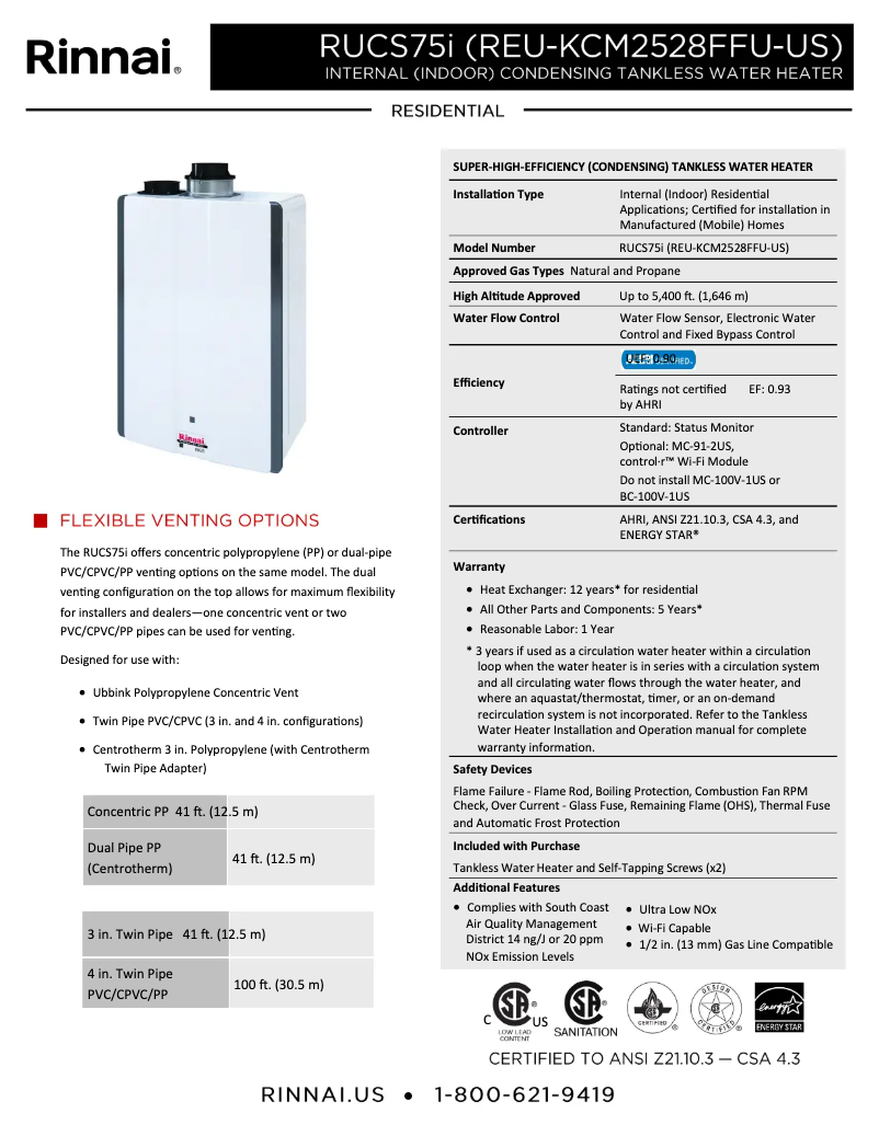 Page 1 de la notice Fiche technique Rinnai RUCS75iP