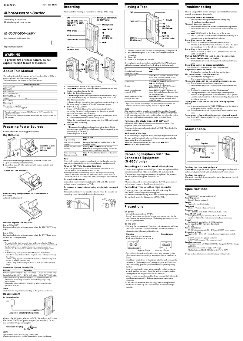 Page 1 de la notice Manuel utilisateur Sony M-650V