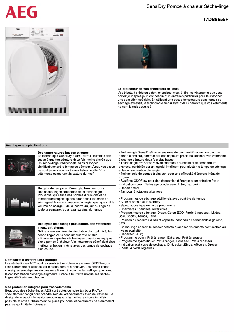 Page 1 de la notice Fiche technique AEG T7DB8655P