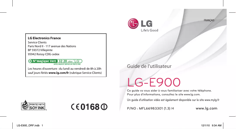 Page 1 de la notice Manuel utilisateur LG E900