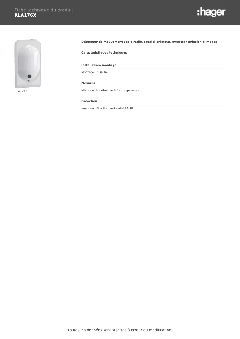 Page n°1 - Fiche technique Hager RLA176X