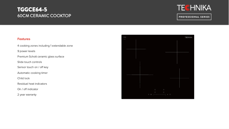 Page 1 de la notice Fiche technique Technika TGGCE64-5