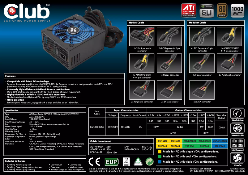 Page 1 de la notice Manuel utilisateur CLUB3D CSP-X1000CB