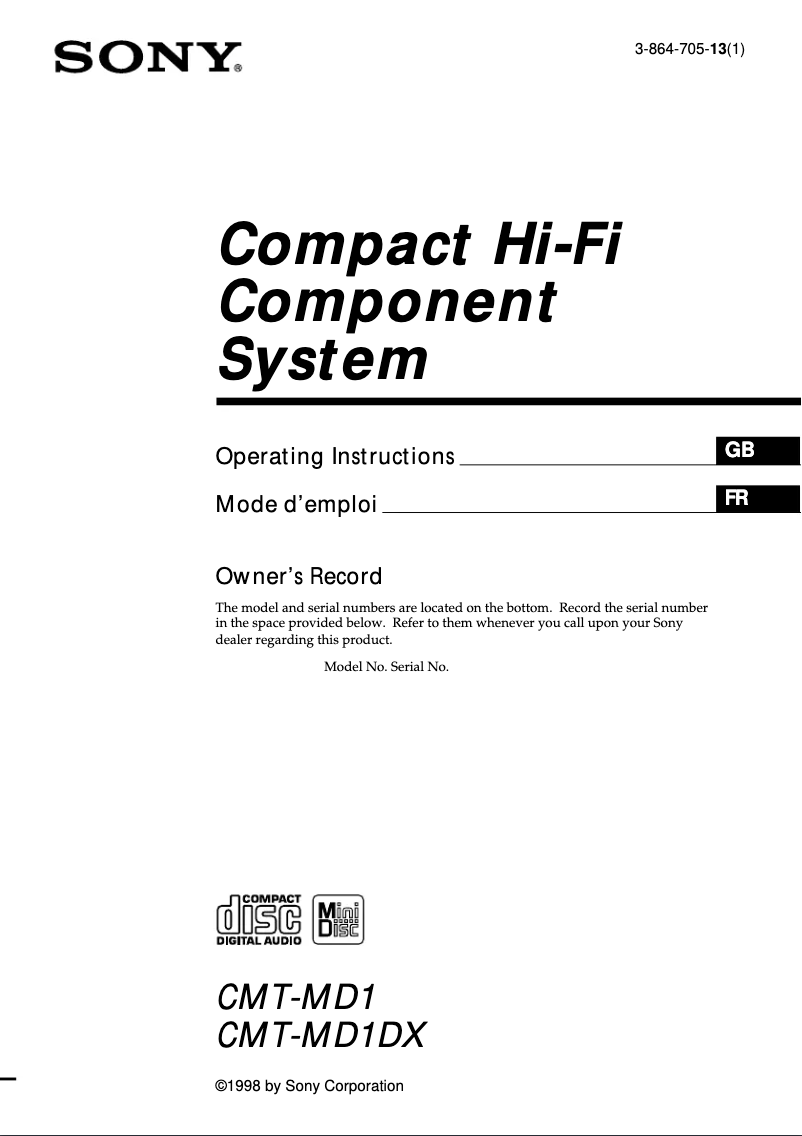 Page 1 de la notice Manuel utilisateur Sony CMT-MD1DX