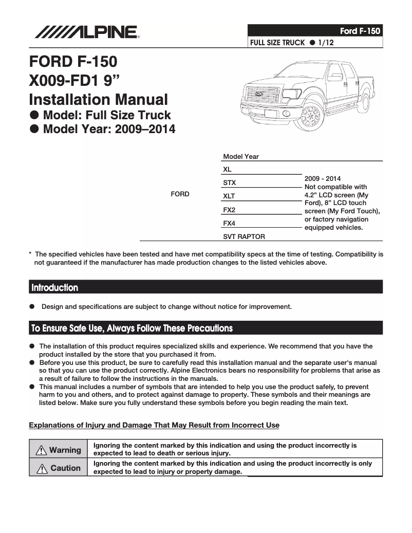 Page 1 de la notice Manuel utilisateur Alpine X009-FD1