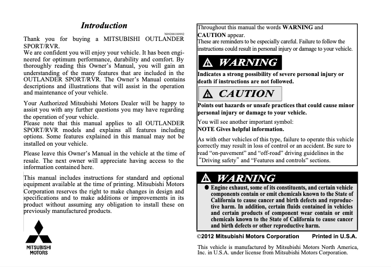 Image de la première page du manuel de l'appareil Outlander Sport (2013)