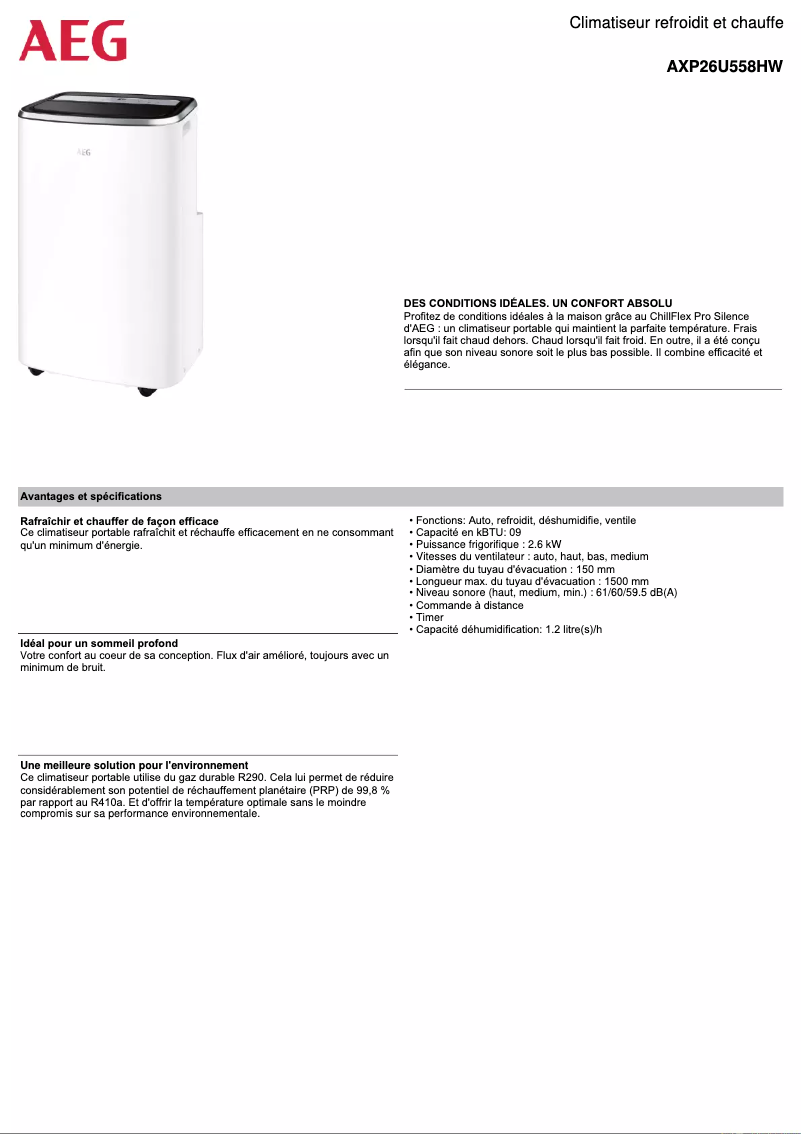 Page 1 de la notice Fiche technique AEG AXP26U558HW