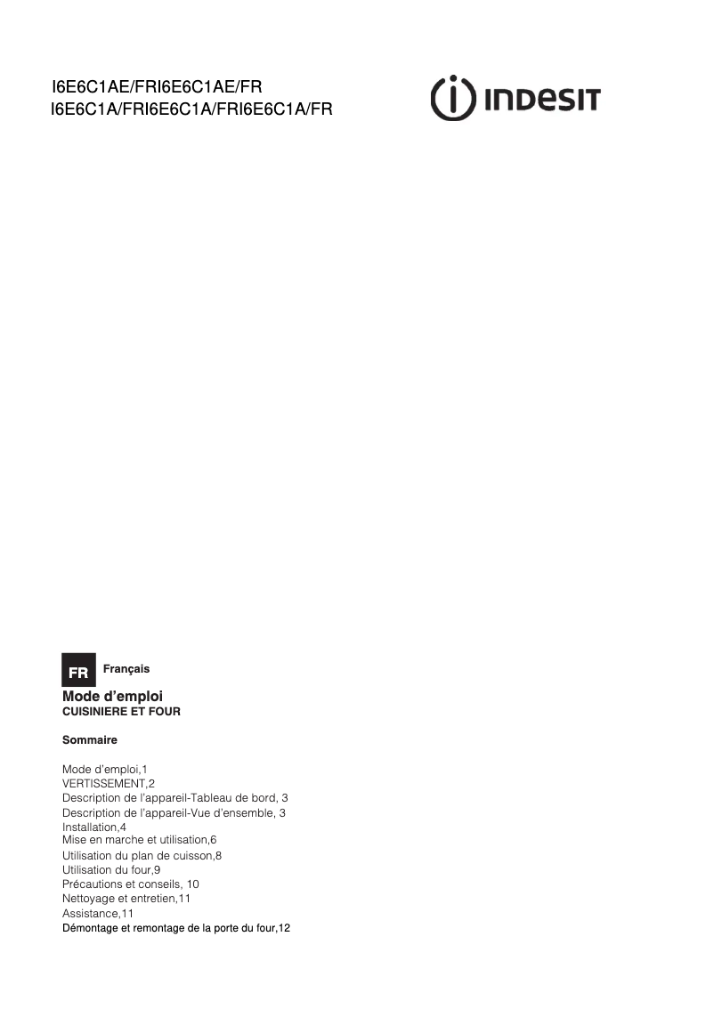 Page 1 de la notice Manuel utilisateur Indesit I6E6C1AE(W)/FR
