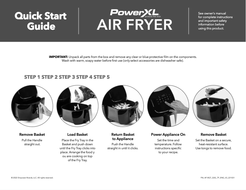 Page 1 de la notice Guide de démarrage rapide PowerXL Air Fryer YJ-701A