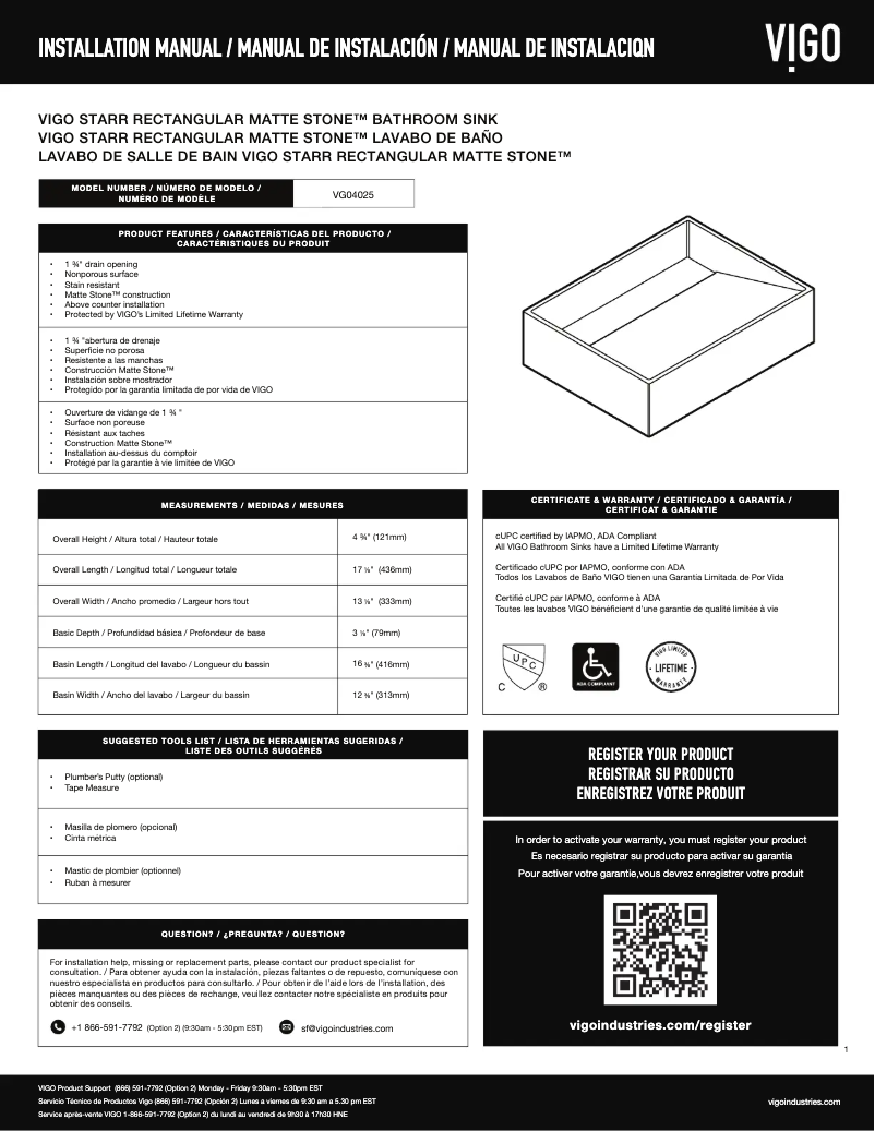 Page n°1 - Manuel utilisateur Vigo Starr VG04025